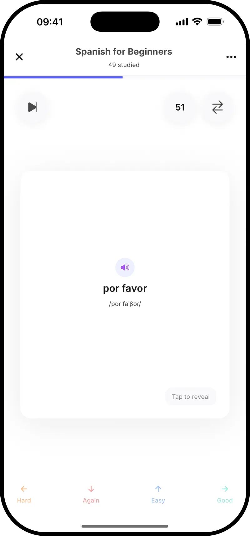Repetra study session with a swipeable flashcard